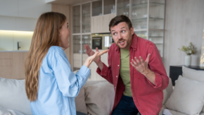 Divorcing a narcissist, man and woman arguing, woman wearing blue shirt, man wearing red.